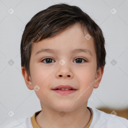 Joyful white child male with short  brown hair and brown eyes