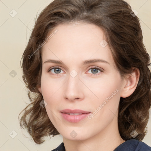 Neutral white young-adult female with medium  brown hair and grey eyes