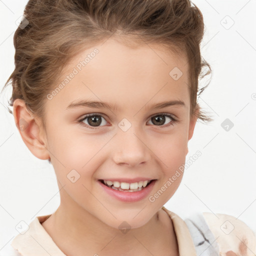 Joyful white child female with short  brown hair and brown eyes