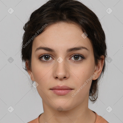 Neutral white young-adult female with medium  brown hair and brown eyes