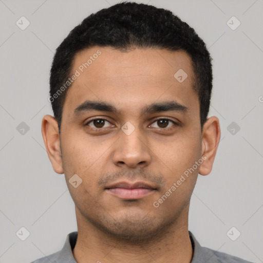 Neutral latino young-adult male with short  black hair and brown eyes