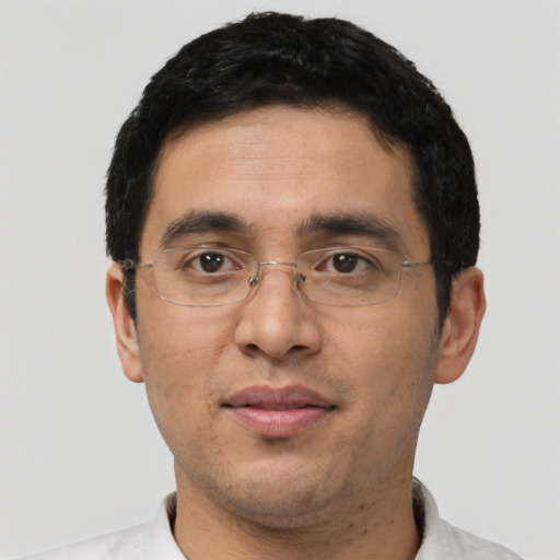 Neutral asian adult male with short  black hair and brown eyes