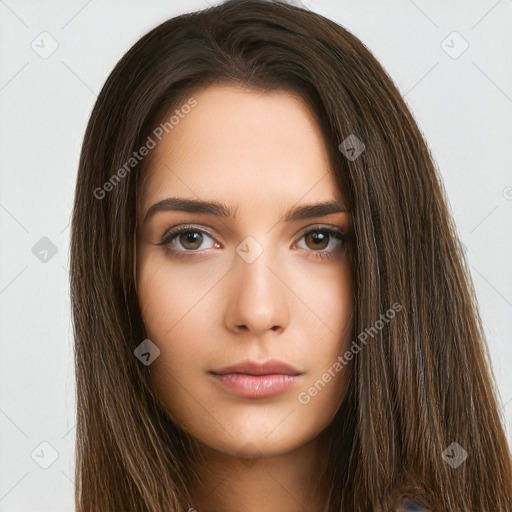 Neutral white young-adult female with long  brown hair and brown eyes