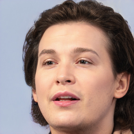 Joyful white young-adult male with medium  brown hair and brown eyes