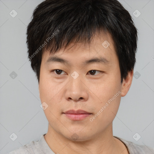 Neutral asian young-adult male with short  brown hair and brown eyes