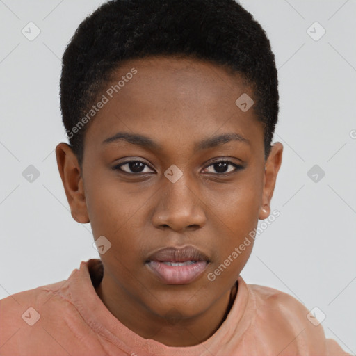 Neutral black young-adult female with short  brown hair and brown eyes