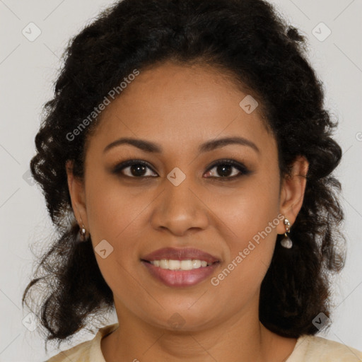 Joyful latino young-adult female with long  brown hair and brown eyes
