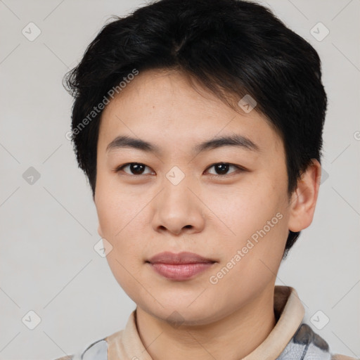 Joyful asian young-adult female with short  brown hair and brown eyes