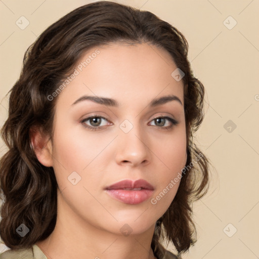 Neutral white young-adult female with medium  brown hair and brown eyes