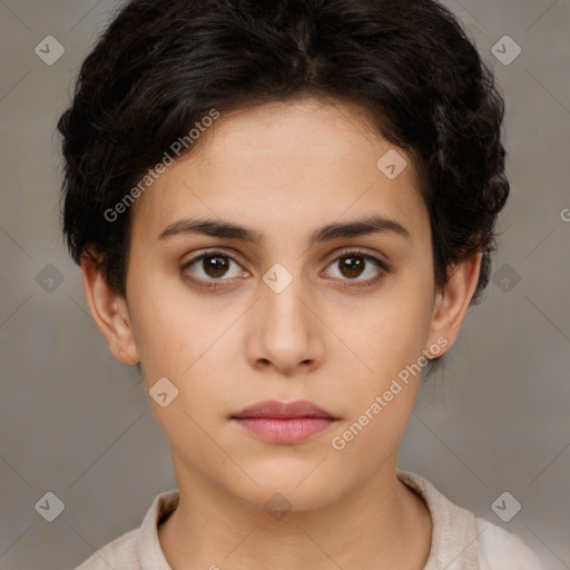 Neutral white young-adult female with short  brown hair and brown eyes