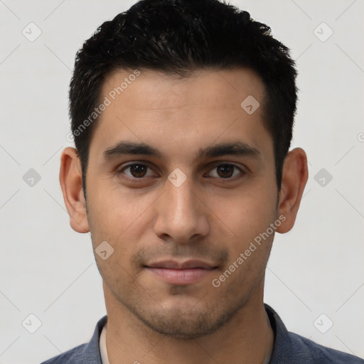 Neutral latino young-adult male with short  black hair and brown eyes