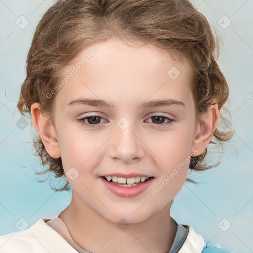 Joyful white child female with medium  brown hair and brown eyes