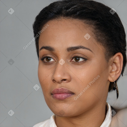 Neutral black young-adult female with short  brown hair and brown eyes