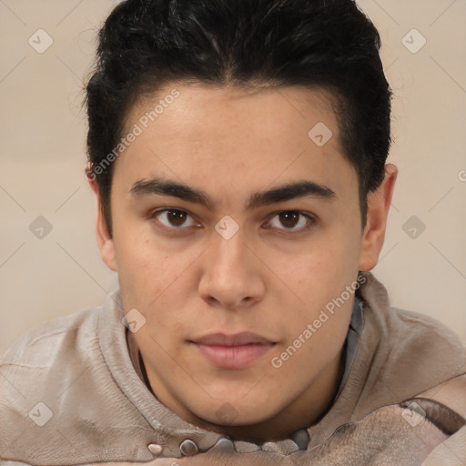 Neutral latino young-adult male with short  brown hair and brown eyes