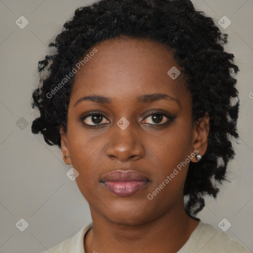 Neutral black young-adult female with short  black hair and brown eyes