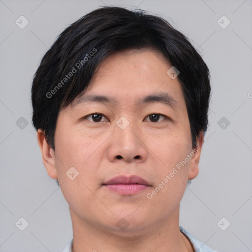 Neutral asian young-adult male with short  black hair and brown eyes