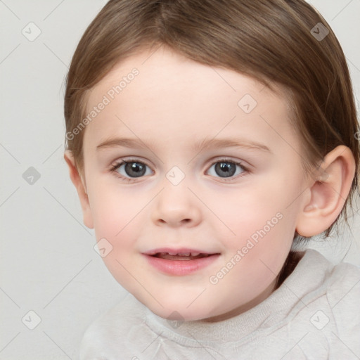 Joyful white child female with medium  brown hair and brown eyes