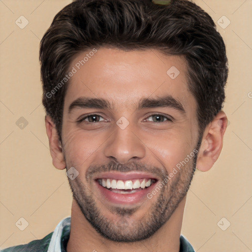 Joyful white young-adult male with short  black hair and brown eyes