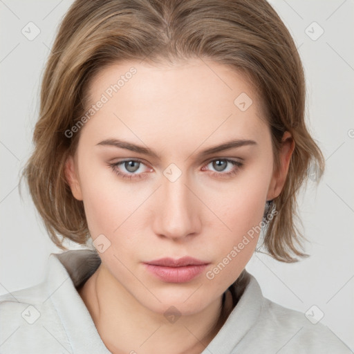 Neutral white young-adult female with medium  brown hair and grey eyes