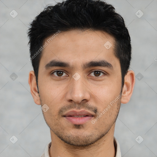 Neutral asian young-adult male with short  black hair and brown eyes