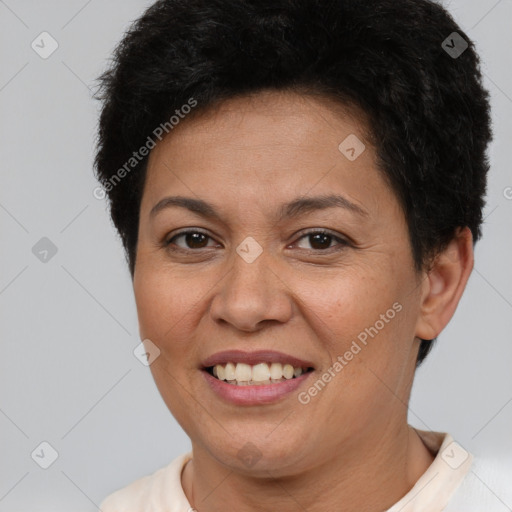 Joyful white adult female with short  brown hair and brown eyes