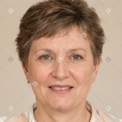 Joyful white adult female with short  brown hair and grey eyes