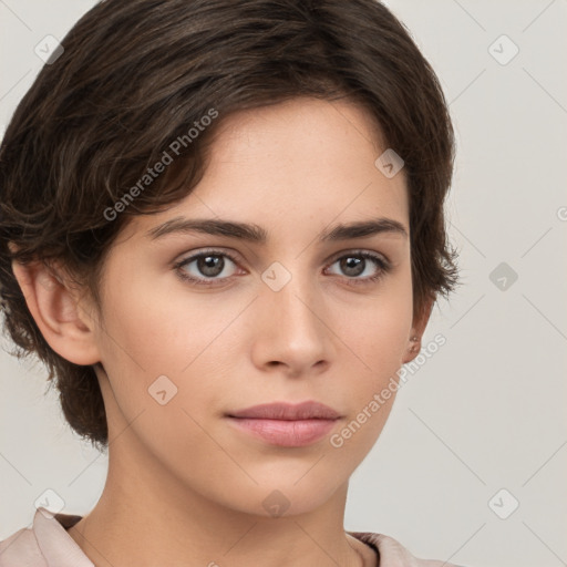 Neutral white young-adult female with medium  brown hair and brown eyes