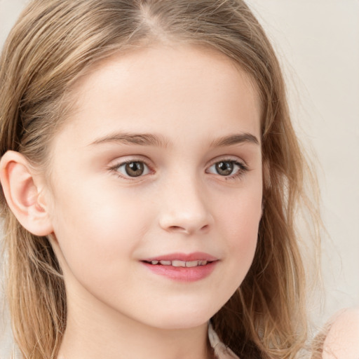 Joyful white child female with long  brown hair and grey eyes