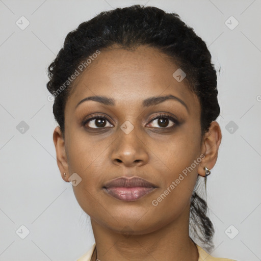 Neutral black young-adult female with short  brown hair and brown eyes