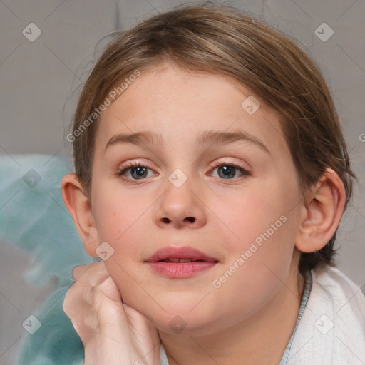 Joyful white child female with medium  brown hair and blue eyes