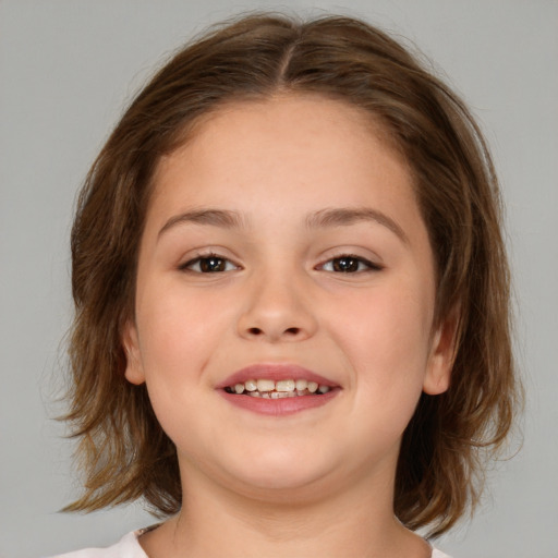 Joyful white child female with medium  brown hair and brown eyes