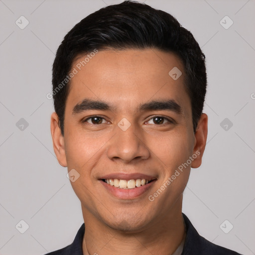 Joyful white young-adult male with short  black hair and brown eyes