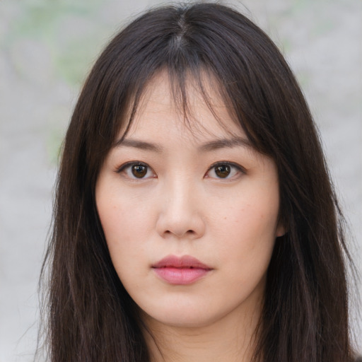 Neutral asian young-adult female with long  brown hair and brown eyes