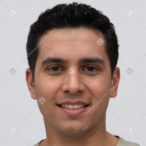 Joyful white young-adult male with short  black hair and brown eyes