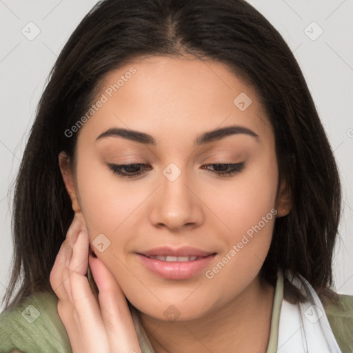 Joyful white young-adult female with long  brown hair and brown eyes