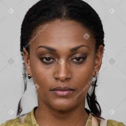 Neutral black young-adult female with short  brown hair and brown eyes