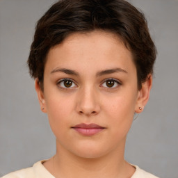 Neutral white young-adult female with short  brown hair and brown eyes