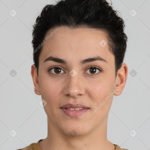 Joyful white young-adult female with short  brown hair and brown eyes