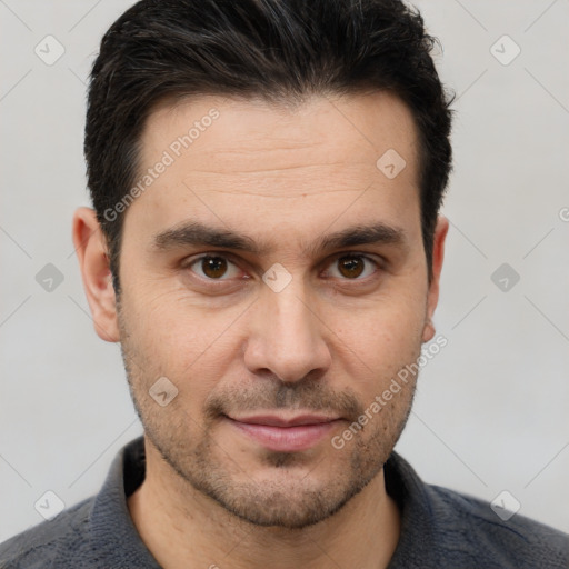 Joyful white young-adult male with short  brown hair and brown eyes