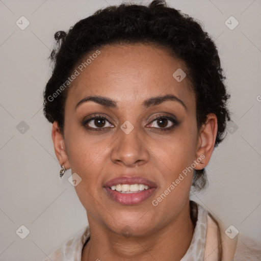 Joyful latino young-adult female with short  brown hair and brown eyes