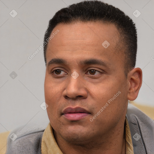 Joyful latino young-adult male with short  black hair and brown eyes