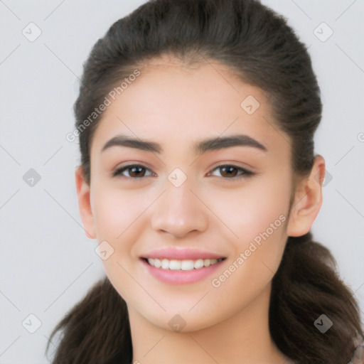 Joyful white young-adult female with long  brown hair and brown eyes