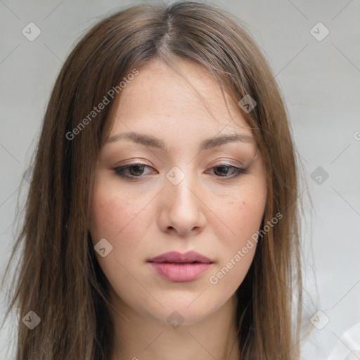 Neutral white young-adult female with long  brown hair and brown eyes