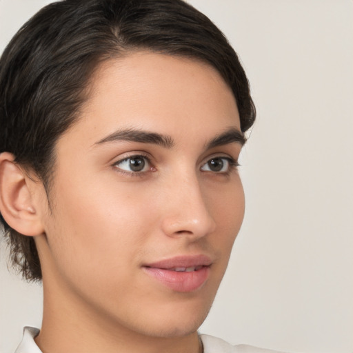 Neutral white young-adult female with medium  brown hair and brown eyes