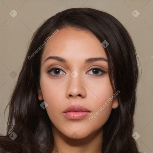 Neutral white young-adult female with long  black hair and brown eyes