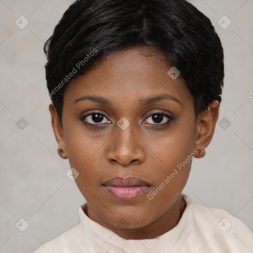 Neutral black young-adult female with short  black hair and brown eyes