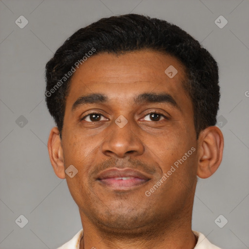 Neutral latino young-adult male with short  brown hair and brown eyes