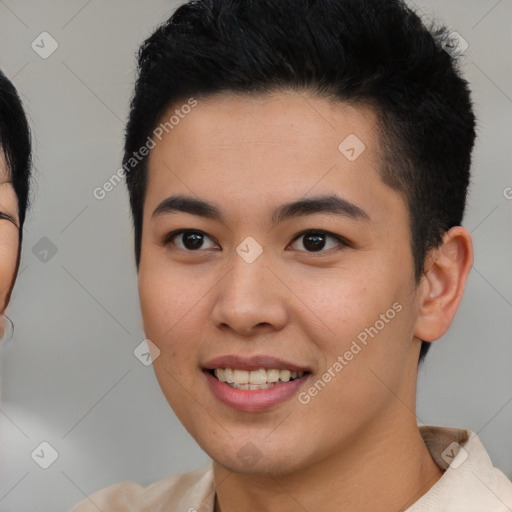 Joyful latino young-adult male with short  brown hair and brown eyes