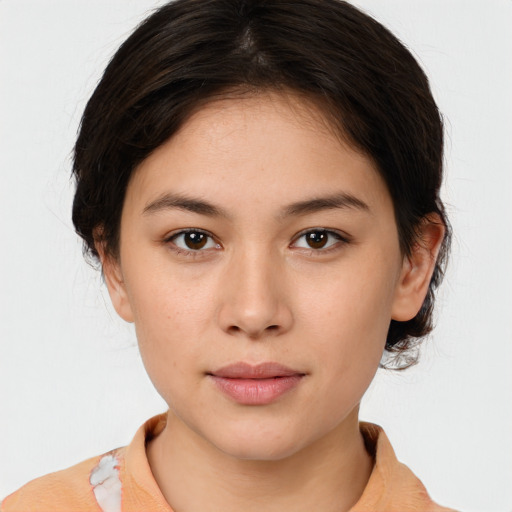 Neutral white young-adult female with medium  brown hair and brown eyes