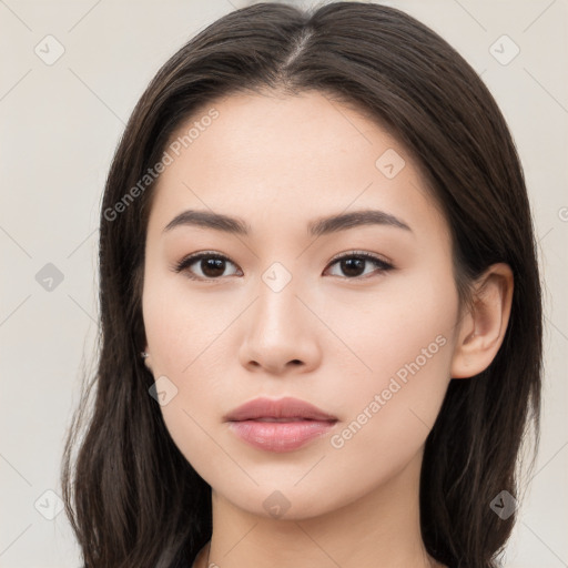 Neutral white young-adult female with long  brown hair and brown eyes